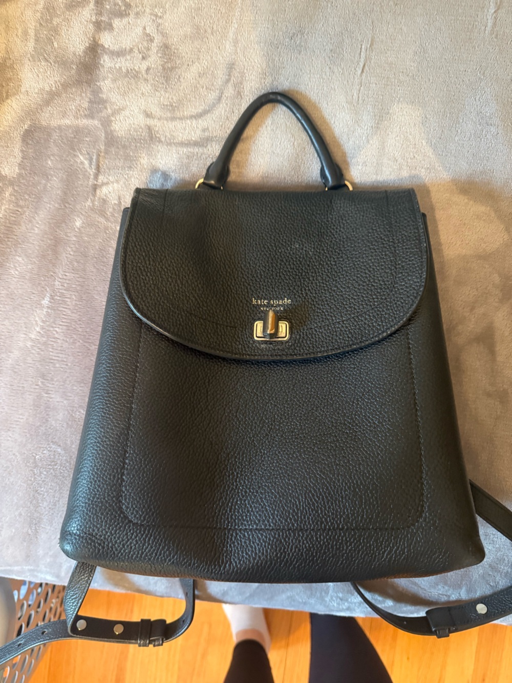kate spade Black Pebbled Leather backpack with Gold Hardware